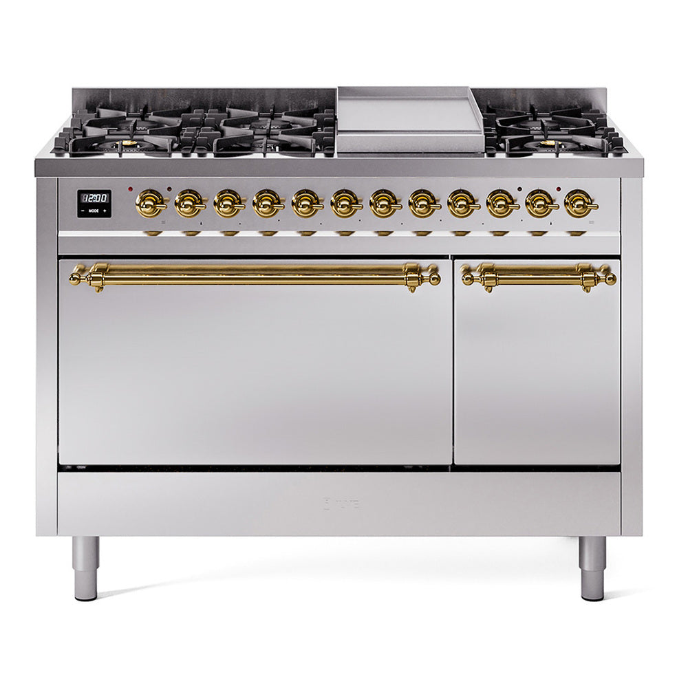 ILVE Nostalgie II 48-Inch Propane Dual Fuel Range, 8 Burners, Griddle, Solid Door, Stainless Steel with Brass Trim (UP48FQNMPSSGLP)