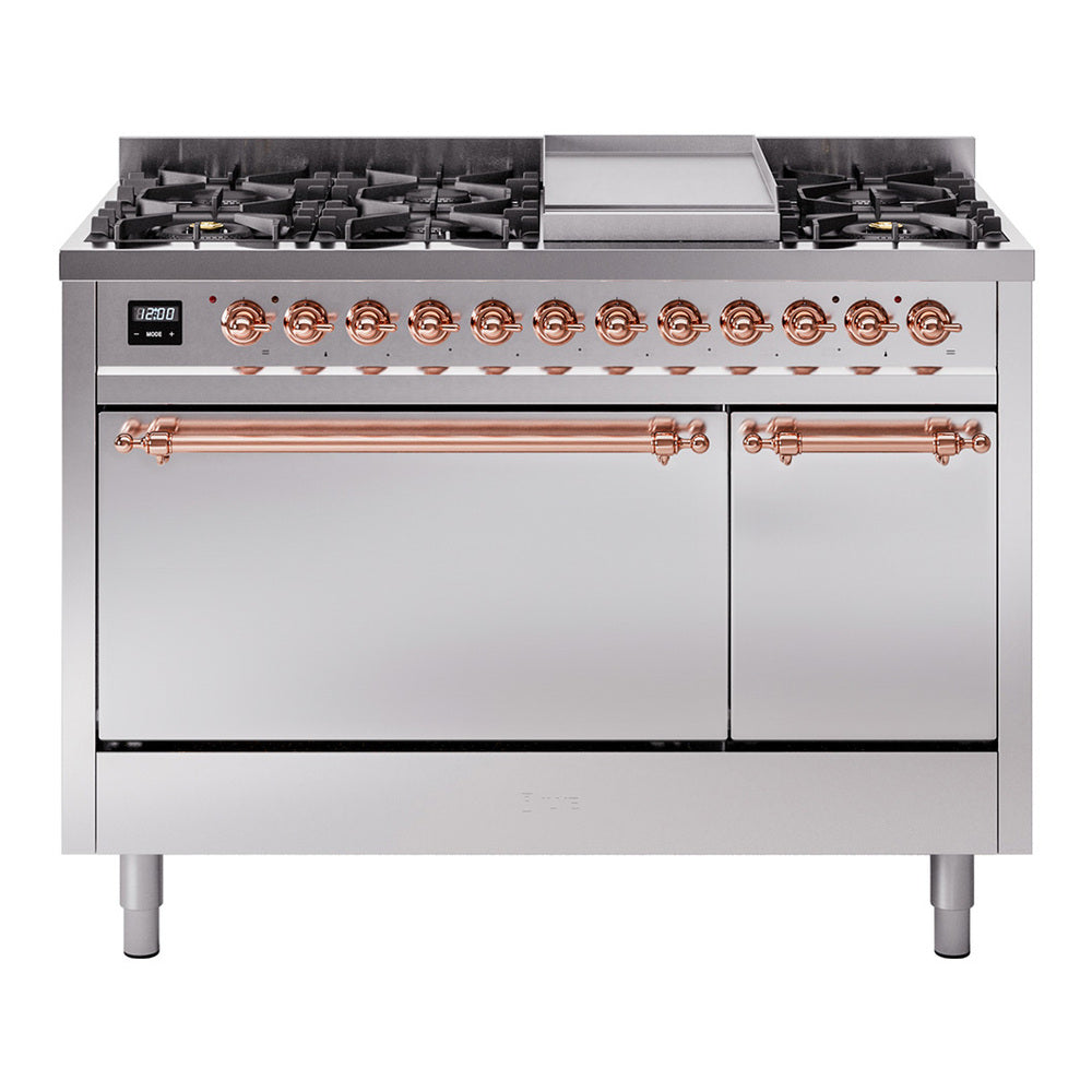 ILVE Nostalgie II 48-Inch Natural Gas Dual Fuel Range, 8 Burners, Griddle, Solid Door, Stainless Steel with Copper Trim (UP48FQNMPSSP)