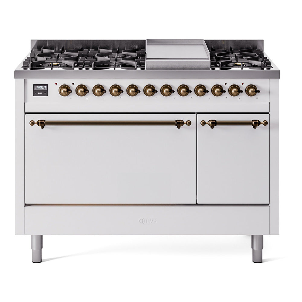 ILVE Nostalgie II 48-Inch Propane Dual Fuel Range, 8 Burners, Griddle, Solid Door, White with Burnished Bronze Trim (UP48FQNMPWHBLP)
