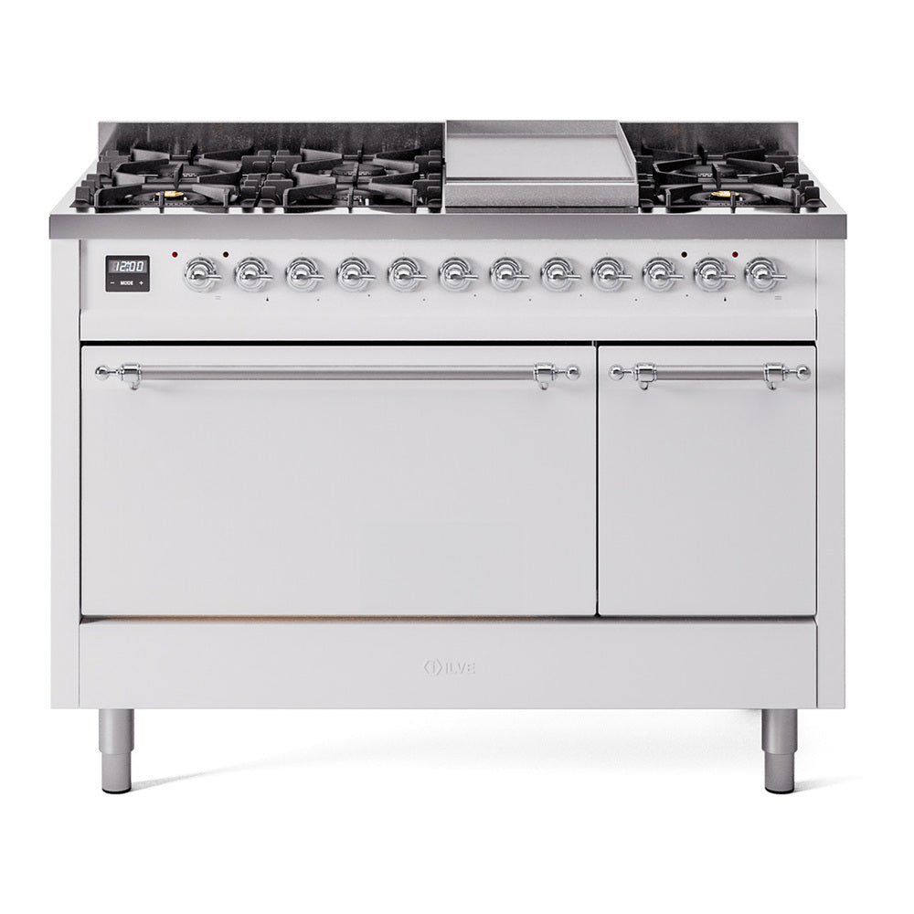 ILVE Nostalgie II 48-Inch Natural Gas Dual Fuel Range, 8 Burners, Griddle, Solid Door, White with Chrome Trim (UP48FQNMPWHC)