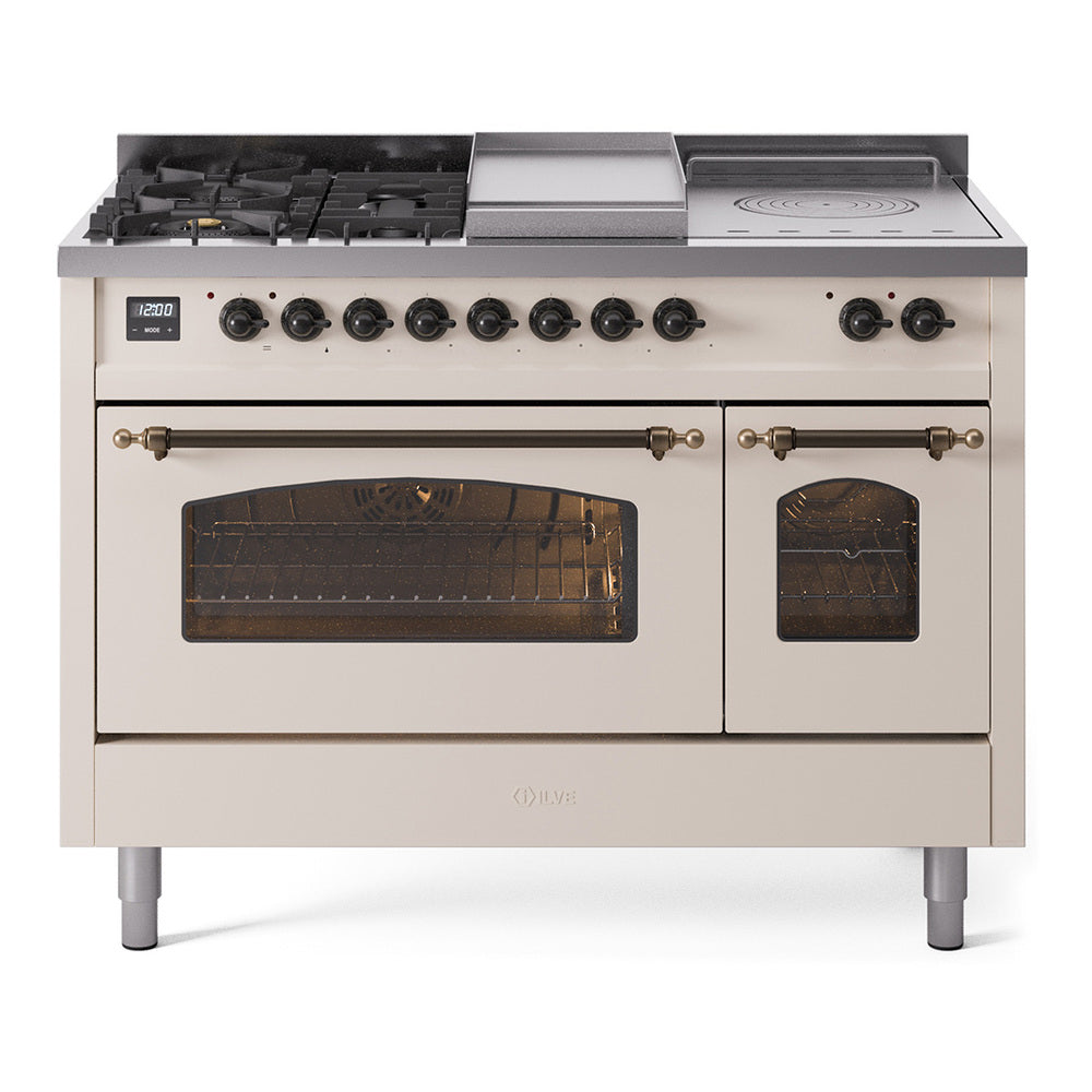 ILVE Nostalgie II 48-Inch Propane Dual Fuel Range, 5 Burners, French Top, Griddle, Glass Door, Antique White with Bronze Trim (UP48FSNMPAWBLP)