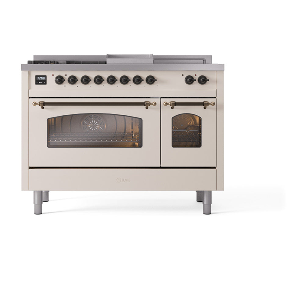 ILVE Nostalgie II 48-Inch Propane Dual Fuel Range, 5 Burners, French Top, Griddle, Glass Door, Antique White with Bronze Trim (UP48FSNMPAWBLP)