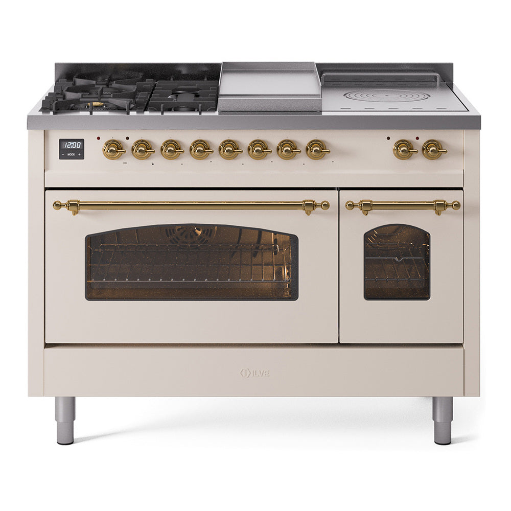 ILVE Nostalgie II 48-Inch Propane Dual Fuel Range, 5 Burners, French Top, Griddle, Triple Glass Door, Antique White with Brass Trim (UP48FSNMPAWGLP)