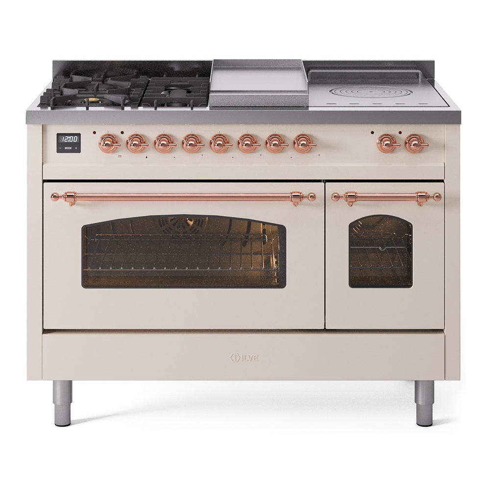 ILVE Nostalgie II 48-Inch Natural Gas Dual Fuel Range, 5 Burners, French Top, Griddle, Glass Door, Antique White with Copper Trim (UP48FSNMPAWP)