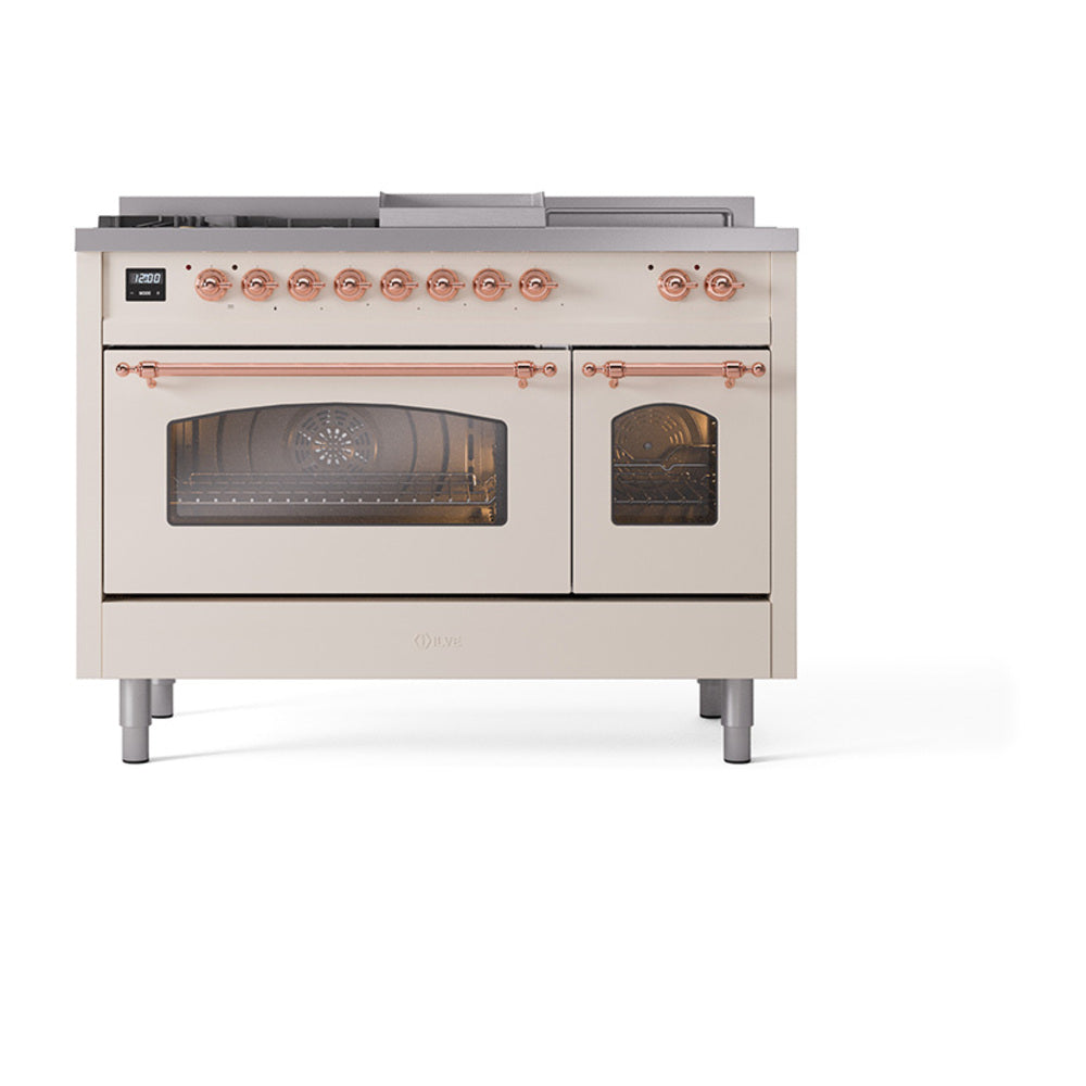 ILVE Nostalgie II 48-Inch Natural Gas Dual Fuel Range, 5 Burners, French Top, Griddle, Glass Door, Antique White with Copper Trim (UP48FSNMPAWP)