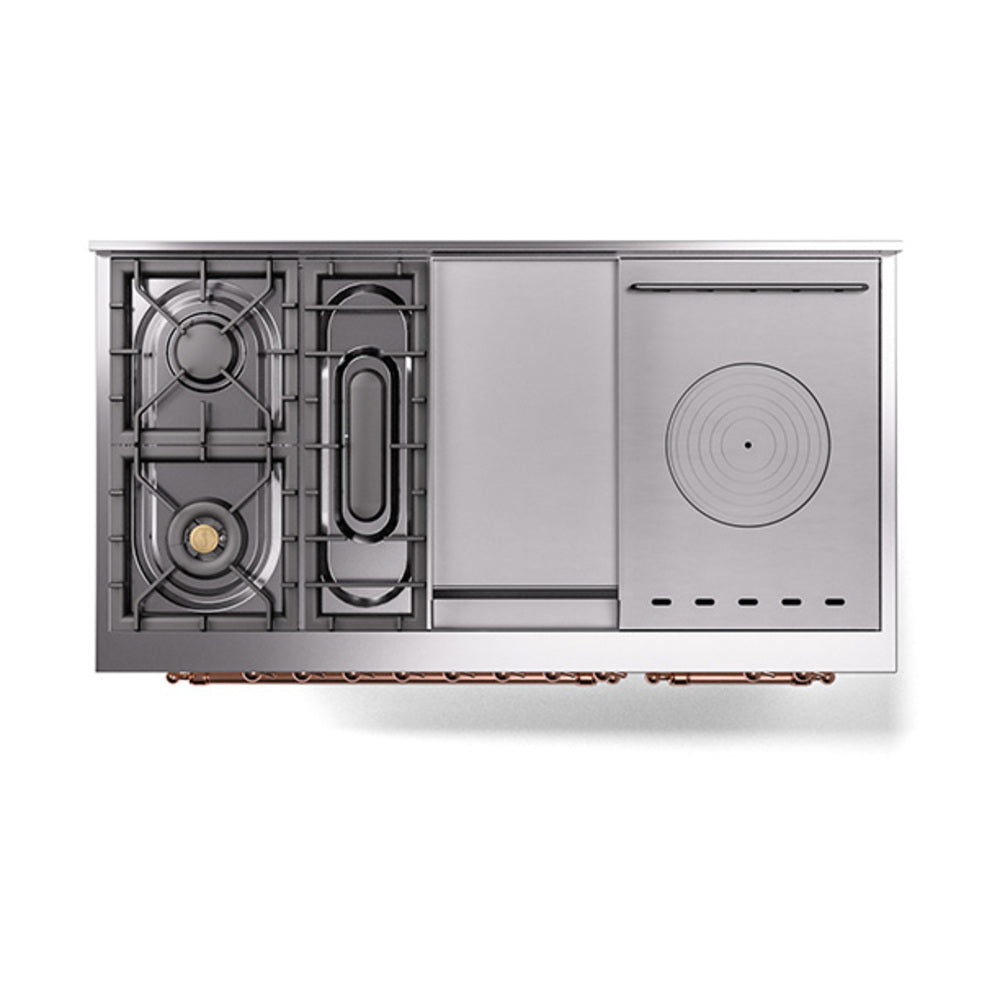 ILVE Nostalgie II 48-Inch Propane Gas Dual Fuel Range with 5 Burners, Griddle, & French Top with Triple Glass Door Oven in Antique White with Copper Trim (UP48FSNMPAWPLP)