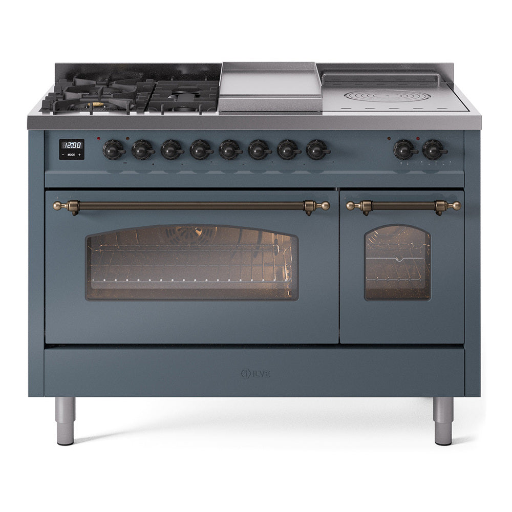 ILVE Nostalgie II 48-Inch Propane Dual Fuel Range, 5 Burners, French Top, Griddle, Glass Door, Blue Grey with Burnished Bronze Trim (UP48FSNMPBGBLP)