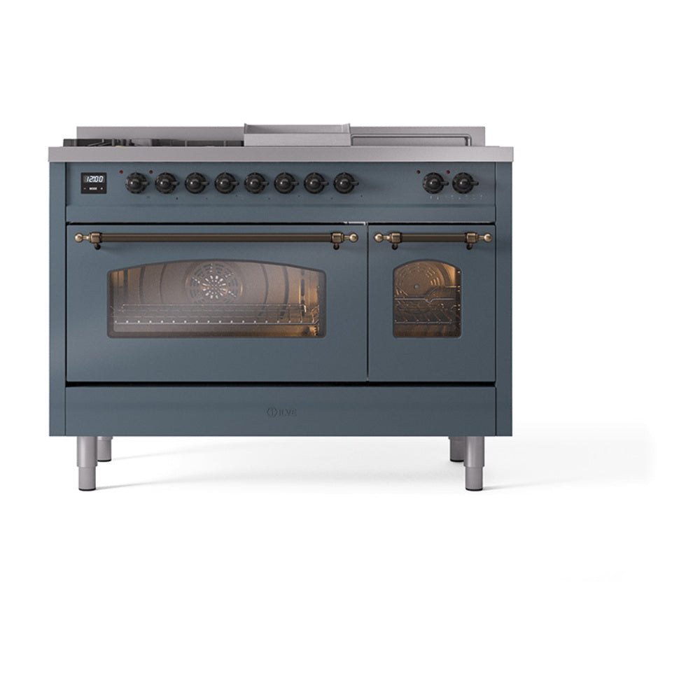 ILVE Nostalgie II 48-Inch Propane Dual Fuel Range, 5 Burners, French Top, Griddle, Glass Door, Blue Grey with Burnished Bronze Trim (UP48FSNMPBGBLP)