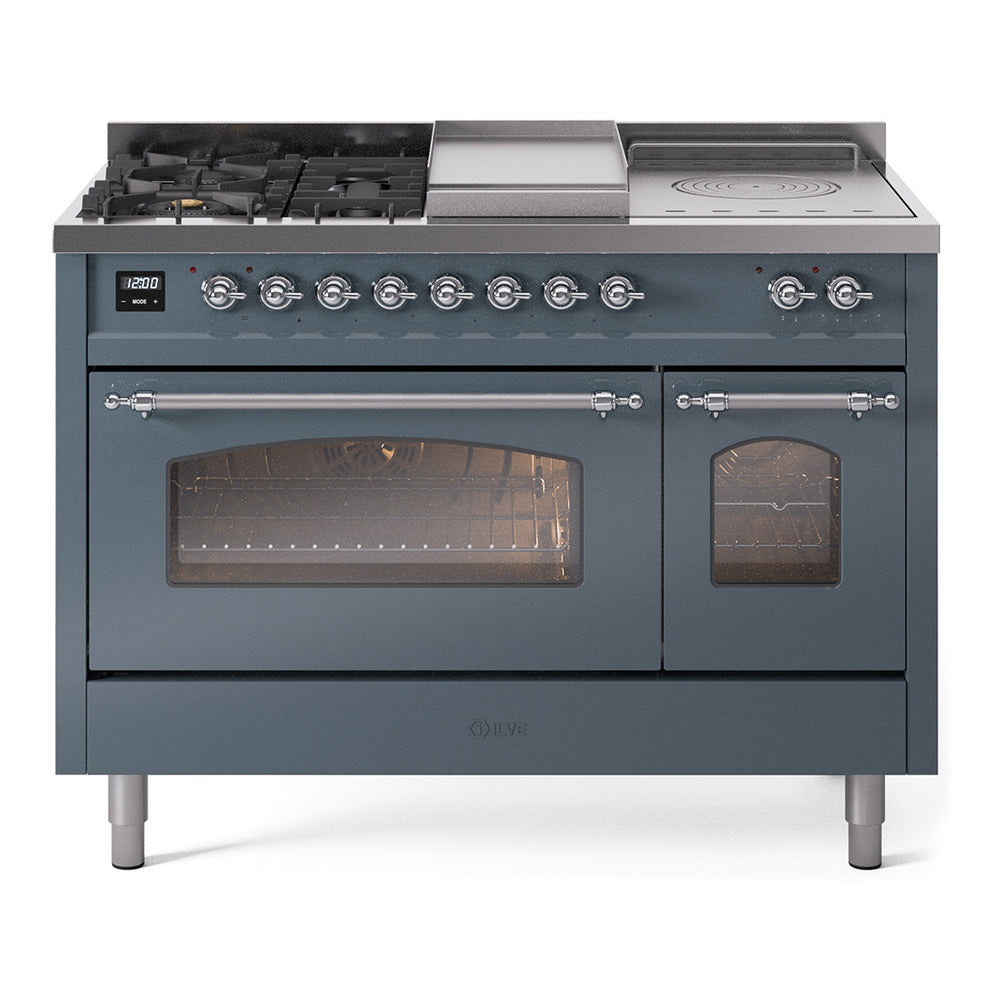 ILVE Nostalgie II 48-Inch Natural Gas Dual Fuel Range with 5 Burners, Griddle, & French Top with Triple Glass Door Oven in Blue Grey with Chrome Trim (UP48FSNMPBGC)
