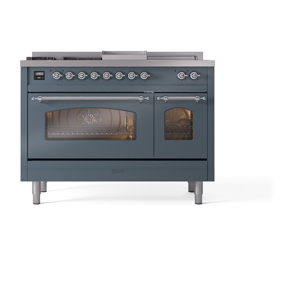 ILVE Nostalgie II 48-Inch Natural Gas Dual Fuel Range with 5 Burners, Griddle, & French Top with Triple Glass Door Oven in Blue Grey with Chrome Trim (UP48FSNMPBGC)