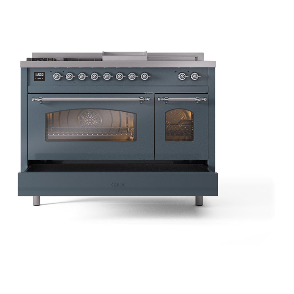 ILVE Nostalgie II 48-Inch Propane Gas Dual Fuel Range with 5 Burners, Griddle, & French Top with Triple Glass Door Oven in Blue Grey with Chrome Trim (UP48FSNMPBGCLP)