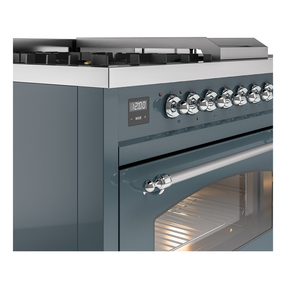 ILVE Nostalgie II 48-Inch Propane Gas Dual Fuel Range with 5 Burners, Griddle, & French Top with Triple Glass Door Oven in Blue Grey with Chrome Trim (UP48FSNMPBGCLP)