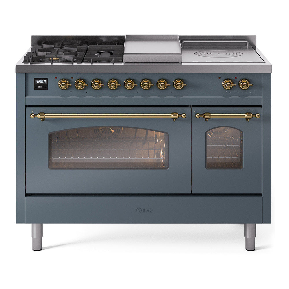 ILVE Nostalgie II 48-Inch Natural Gas Dual Fuel Range, 5 Burners, French Top, Griddle, Triple Glass Door, Blue Grey with Brass Trim (UP48FSNMPBGG)