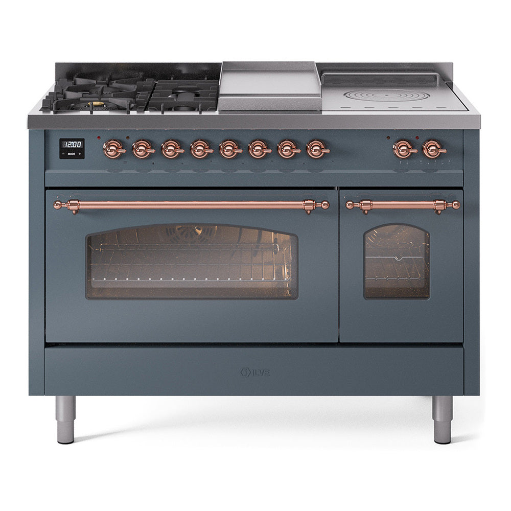 ILVE Nostalgie II 48-Inch Propane Gas Dual Fuel Range with 5 Burners, Griddle, & French Top with Triple Glass Door Oven in Blue Grey with Copper Trim (UP48FSNMPBGPLP)