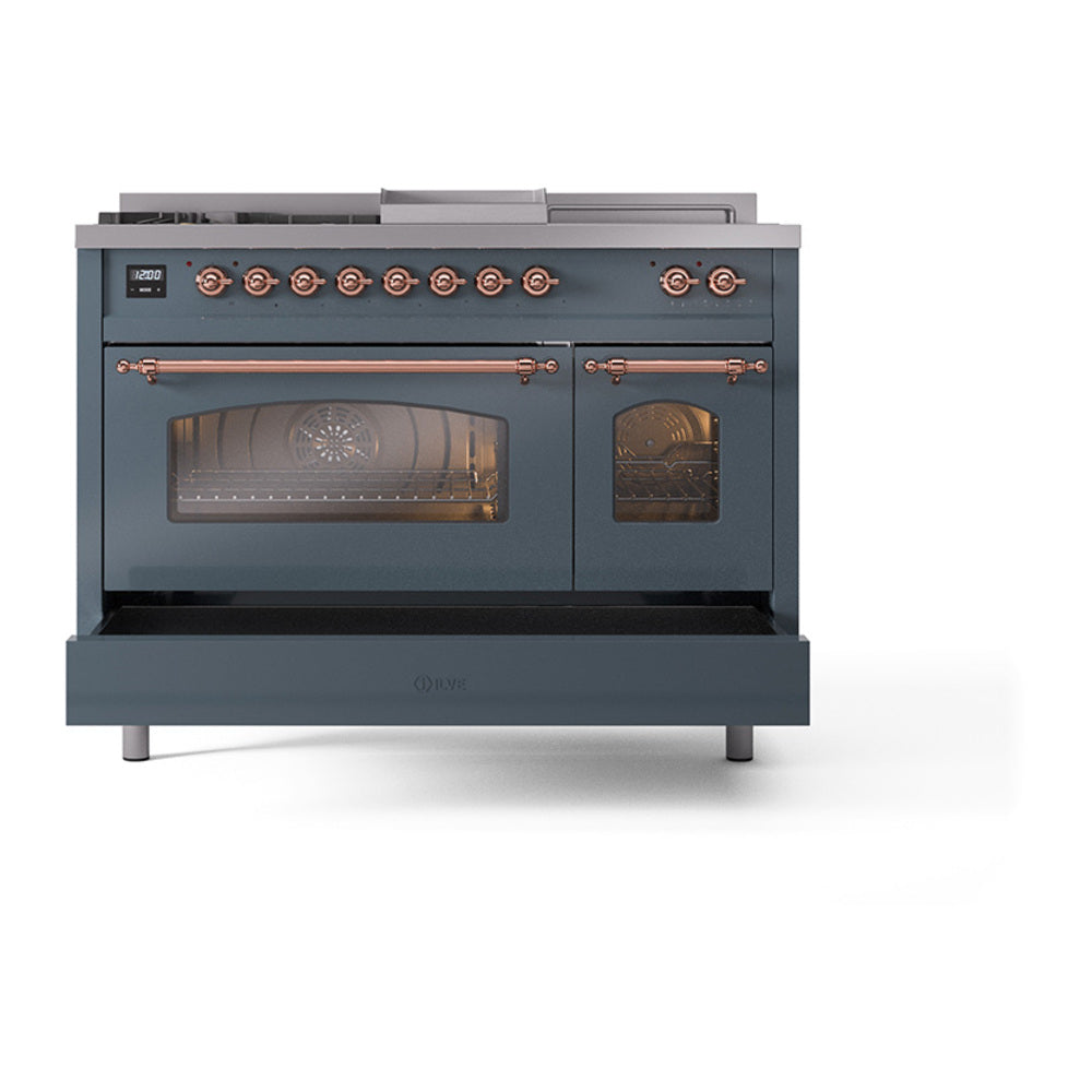 ILVE Nostalgie II 48-Inch Propane Gas Dual Fuel Range with 5 Burners, Griddle, & French Top with Triple Glass Door Oven in Blue Grey with Copper Trim (UP48FSNMPBGPLP)
