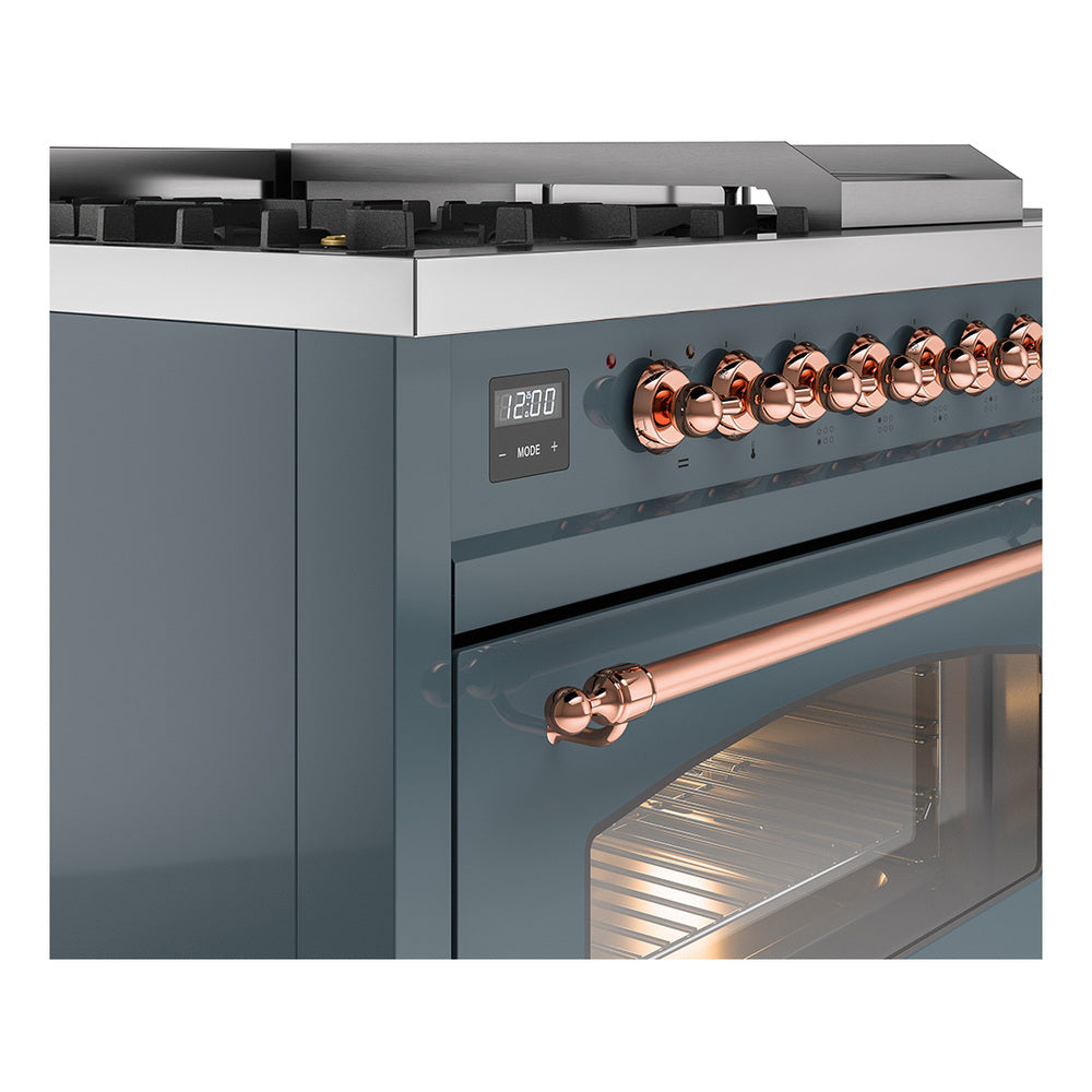 ILVE Nostalgie II 48-Inch Propane Gas Dual Fuel Range with 5 Burners, Griddle, & French Top with Triple Glass Door Oven in Blue Grey with Copper Trim (UP48FSNMPBGPLP)