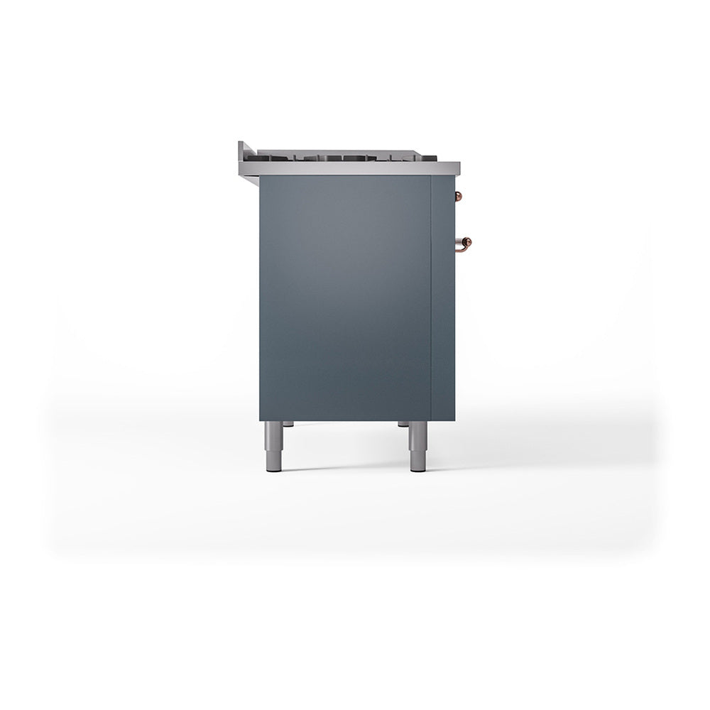 ILVE Nostalgie II 48-Inch Propane Gas Dual Fuel Range with 5 Burners, Griddle, & French Top with Triple Glass Door Oven in Blue Grey with Copper Trim (UP48FSNMPBGPLP)
