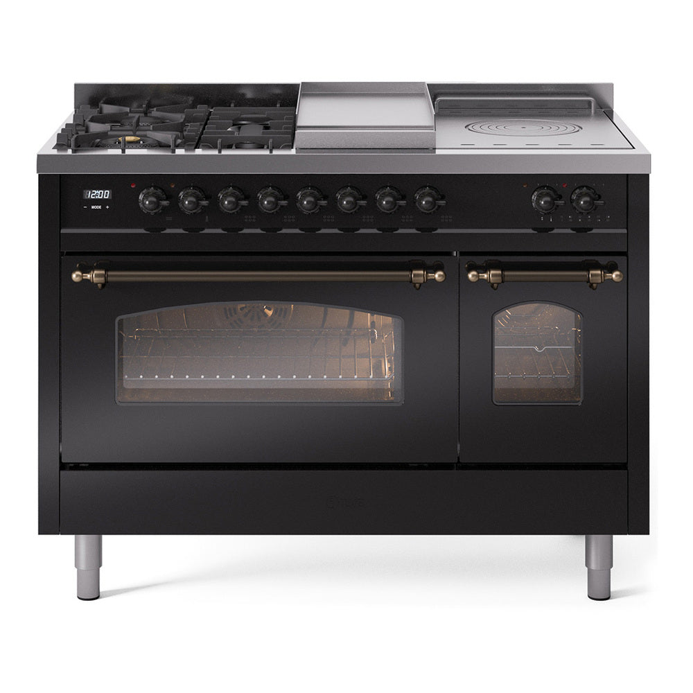 ILVE Nostalgie II 48-Inch Natural Gas Dual Fuel Range with 5 Burners, Griddle, & French Top with Triple Glass Door Oven in Glossy Black with Burnished Bronze Trim (UP48FSNMPBKB)