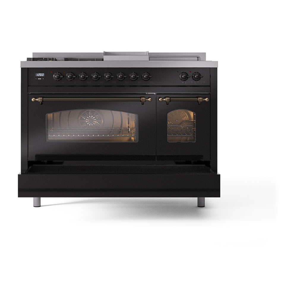 ILVE Nostalgie II 48-Inch Natural Gas Dual Fuel Range with 5 Burners, Griddle, & French Top with Triple Glass Door Oven in Glossy Black with Burnished Bronze Trim (UP48FSNMPBKB)