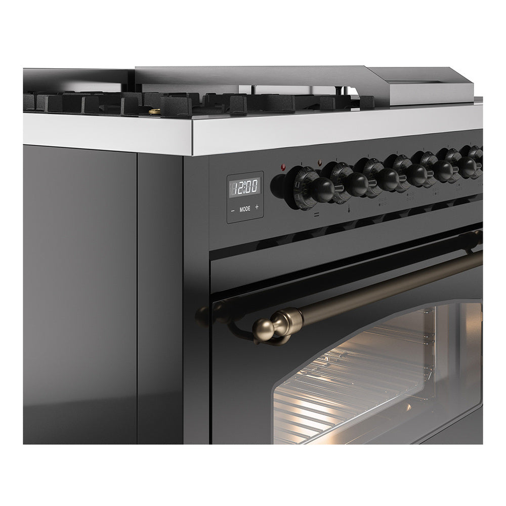 ILVE Nostalgie II 48-Inch Natural Gas Dual Fuel Range with 5 Burners, Griddle, & French Top with Triple Glass Door Oven in Glossy Black with Burnished Bronze Trim (UP48FSNMPBKB)