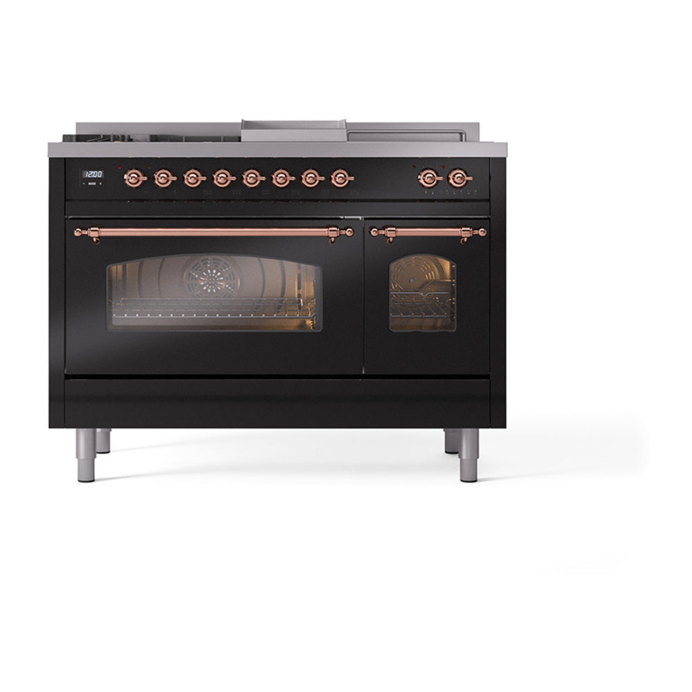 ILVE Nostalgie II 48-Inch Propane Dual Fuel Range, 5 Burners, French Top, Griddle, Triple Glass Door, Glossy Black with Copper Trim (UP48FSNMPBKPLP)