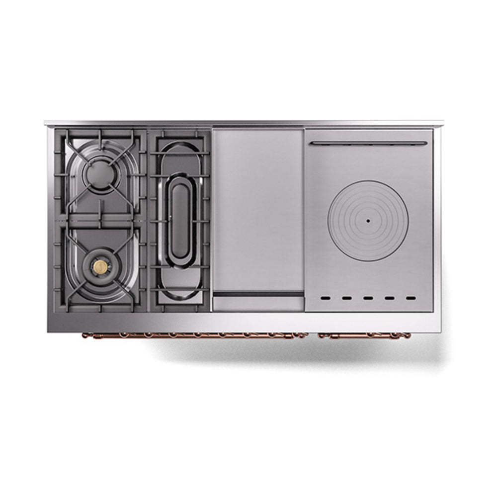 ILVE Nostalgie II 48-Inch Natural Gas Dual Fuel Range with 5 Burners, Griddle, & French Top with Triple Glass Door Oven in Glossy Black with Copper Trim (UP48FSNMPBKP)