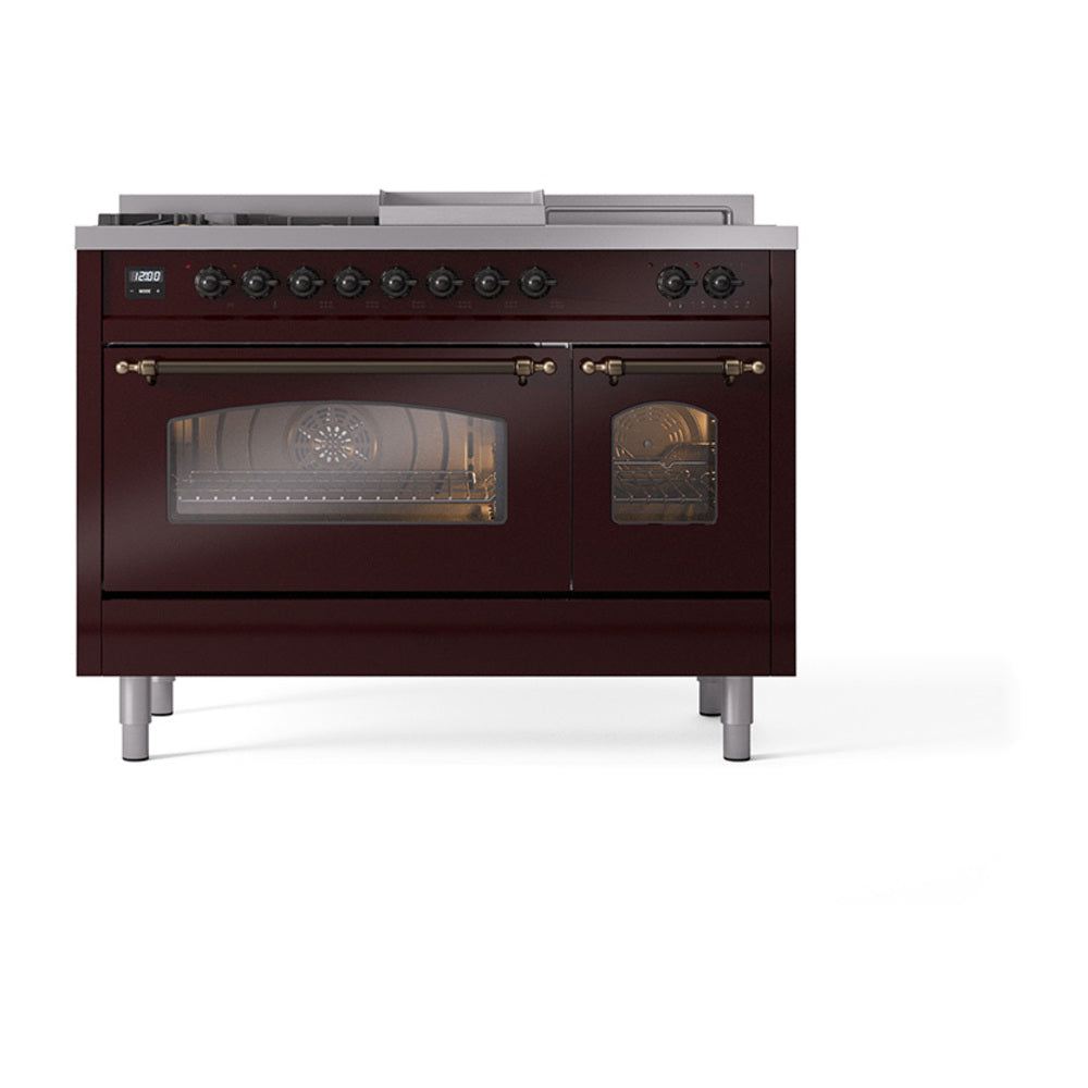 ILVE Nostalgie II 48-Inch Natural Gas Dual Fuel Range, 5 Burners, French Top, Griddle, Glass Door, Burgundy with Burnished Bronze Trim (UP48FSNMPBUB)