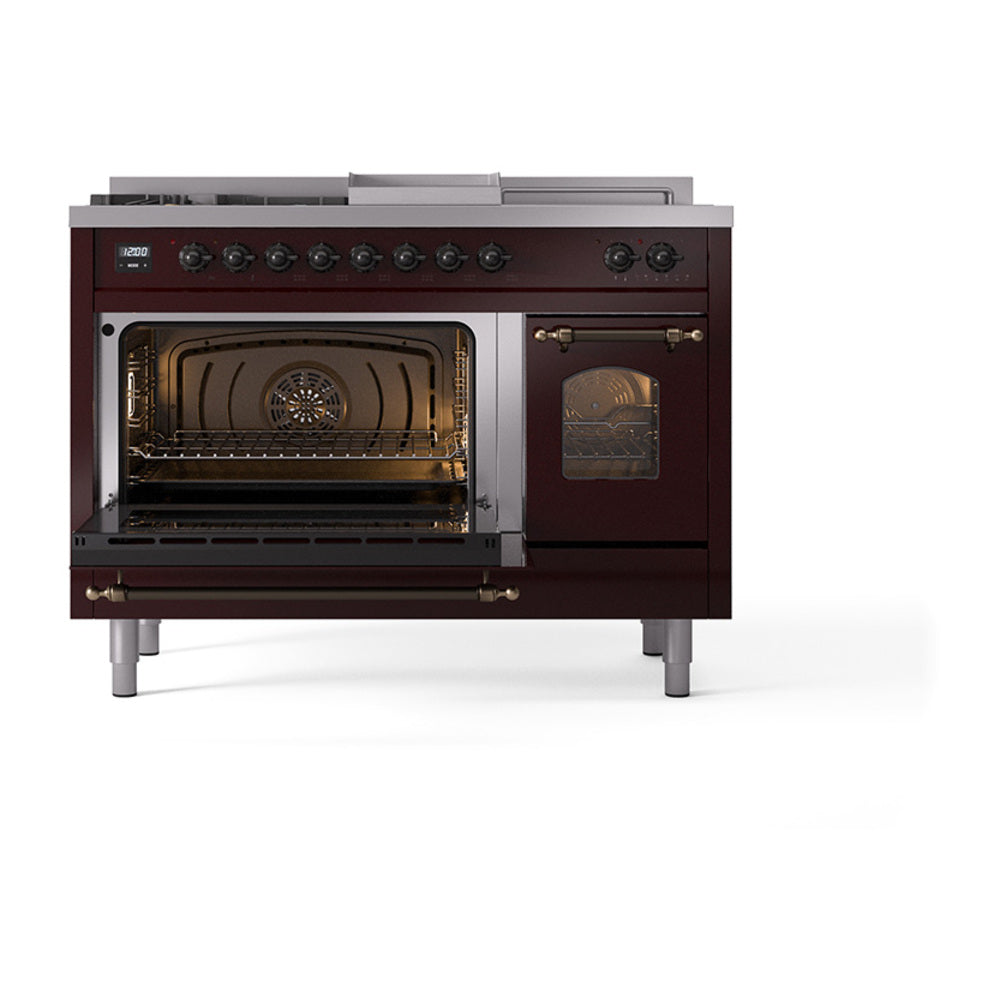 ILVE Nostalgie II 48-Inch Propane Gas Dual Fuel Range with 5 Burners, Griddle, & French Top with Triple Glass Door Oven in Burgundy with Burnished Bronze Trim (UP48FSNMPBUBLP)