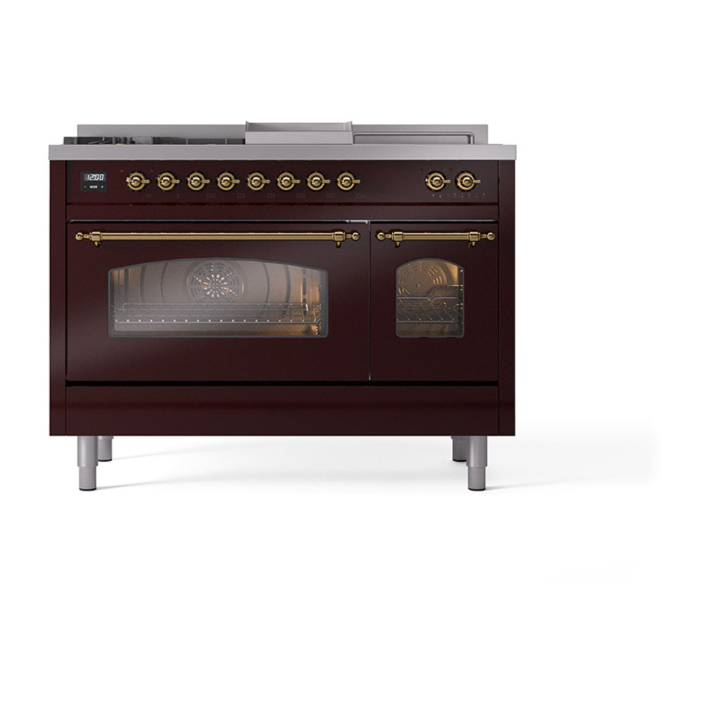 ILVE Nostalgie II 48-Inch Natural Gas Dual Fuel Range with 5 Burners, Griddle, & French Top with Triple Glass Door Oven in Burgundy with Brass Trim (UP48FSNMPBUG)