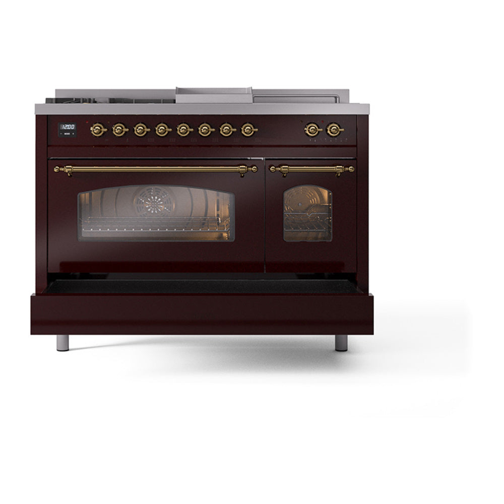 ILVE Nostalgie II 48-Inch Propane Gas Dual Fuel Range with 5 Burners, Griddle, & French Top with Triple Glass Door Oven in Burgundy with Brass Trim (UP48FSNMPBUGLP)