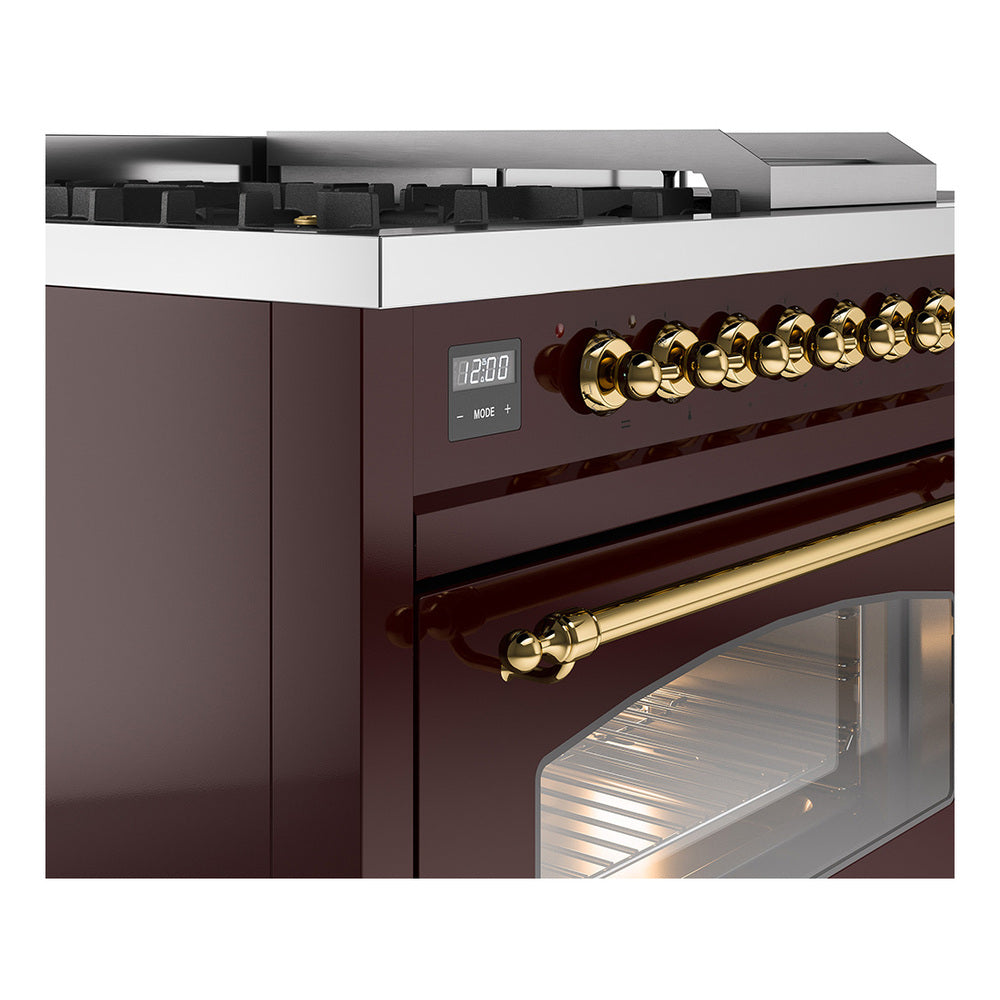 ILVE Nostalgie II 48-Inch Propane Gas Dual Fuel Range with 5 Burners, Griddle, & French Top with Triple Glass Door Oven in Burgundy with Brass Trim (UP48FSNMPBUGLP)