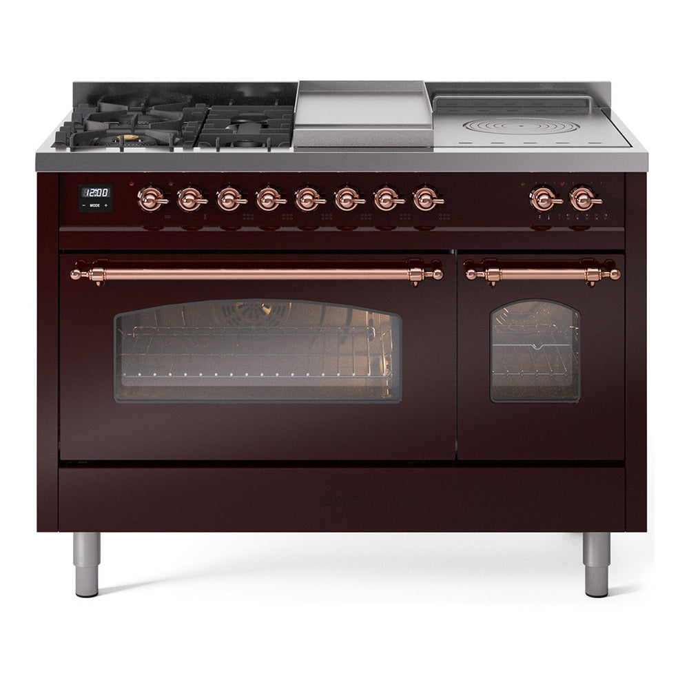ILVE Nostalgie II 48-Inch Natural Gas Dual Fuel Range with 5 Burners, Griddle, & French Top with Triple Glass Door Oven in Burgundy with Copper Trim (UP48FSNMPBUP)