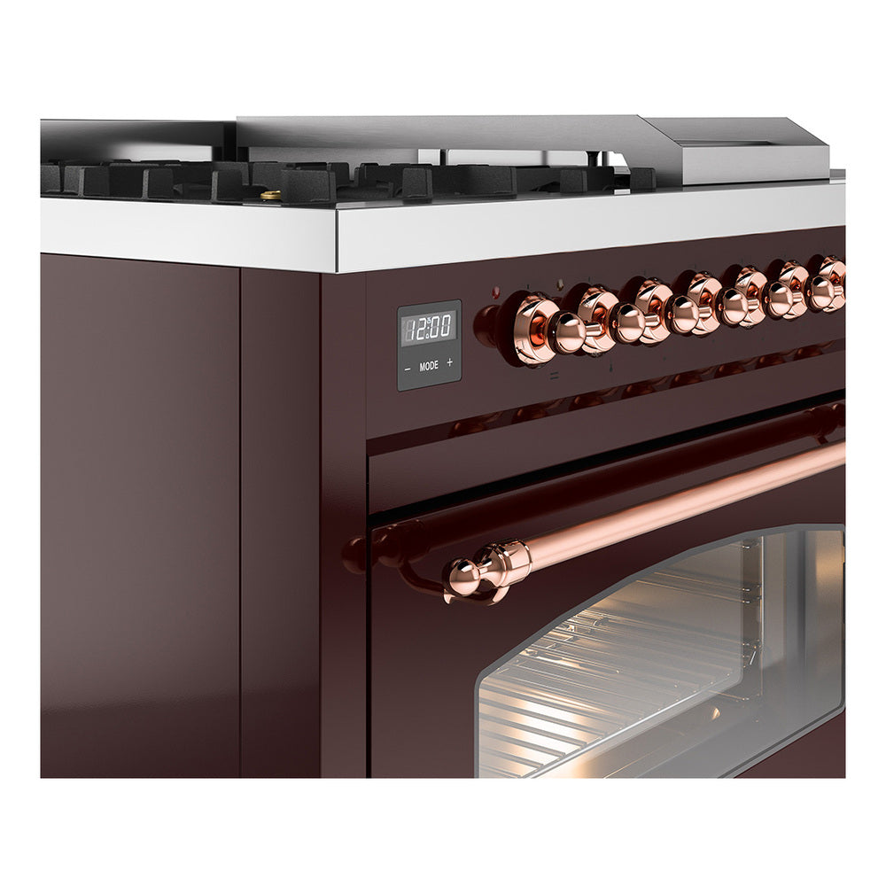 ILVE Nostalgie II 48-Inch Natural Gas Dual Fuel Range with 5 Burners, Griddle, & French Top with Triple Glass Door Oven in Burgundy with Copper Trim (UP48FSNMPBUP)