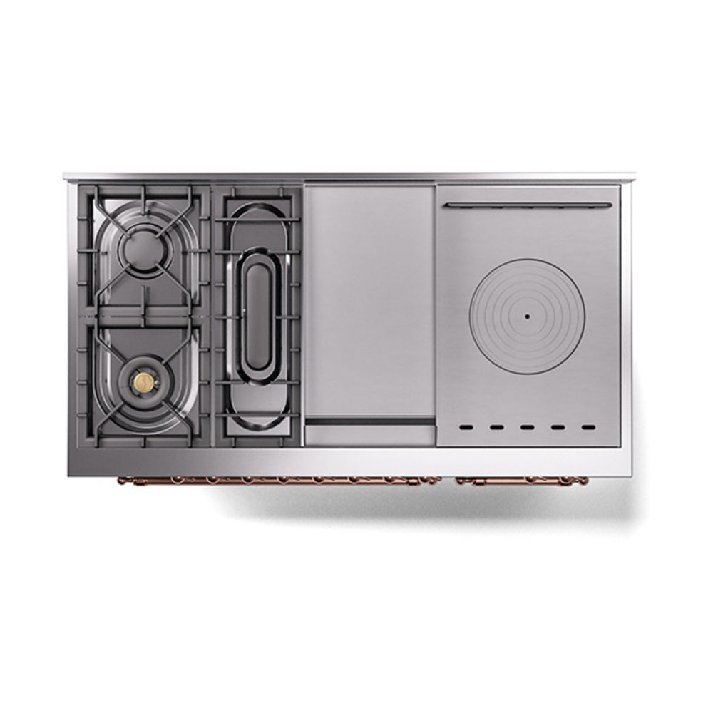 ILVE Nostalgie II 48-Inch Natural Gas Dual Fuel Range with 5 Burners, Griddle, & French Top with Triple Glass Door Oven in Burgundy with Copper Trim (UP48FSNMPBUP)