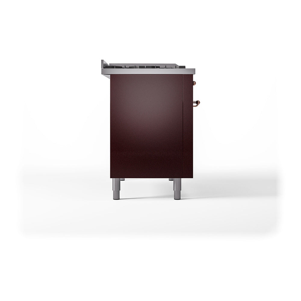 ILVE Nostalgie II 48-Inch Natural Gas Dual Fuel Range with 5 Burners, Griddle, & French Top with Triple Glass Door Oven in Burgundy with Copper Trim (UP48FSNMPBUP)