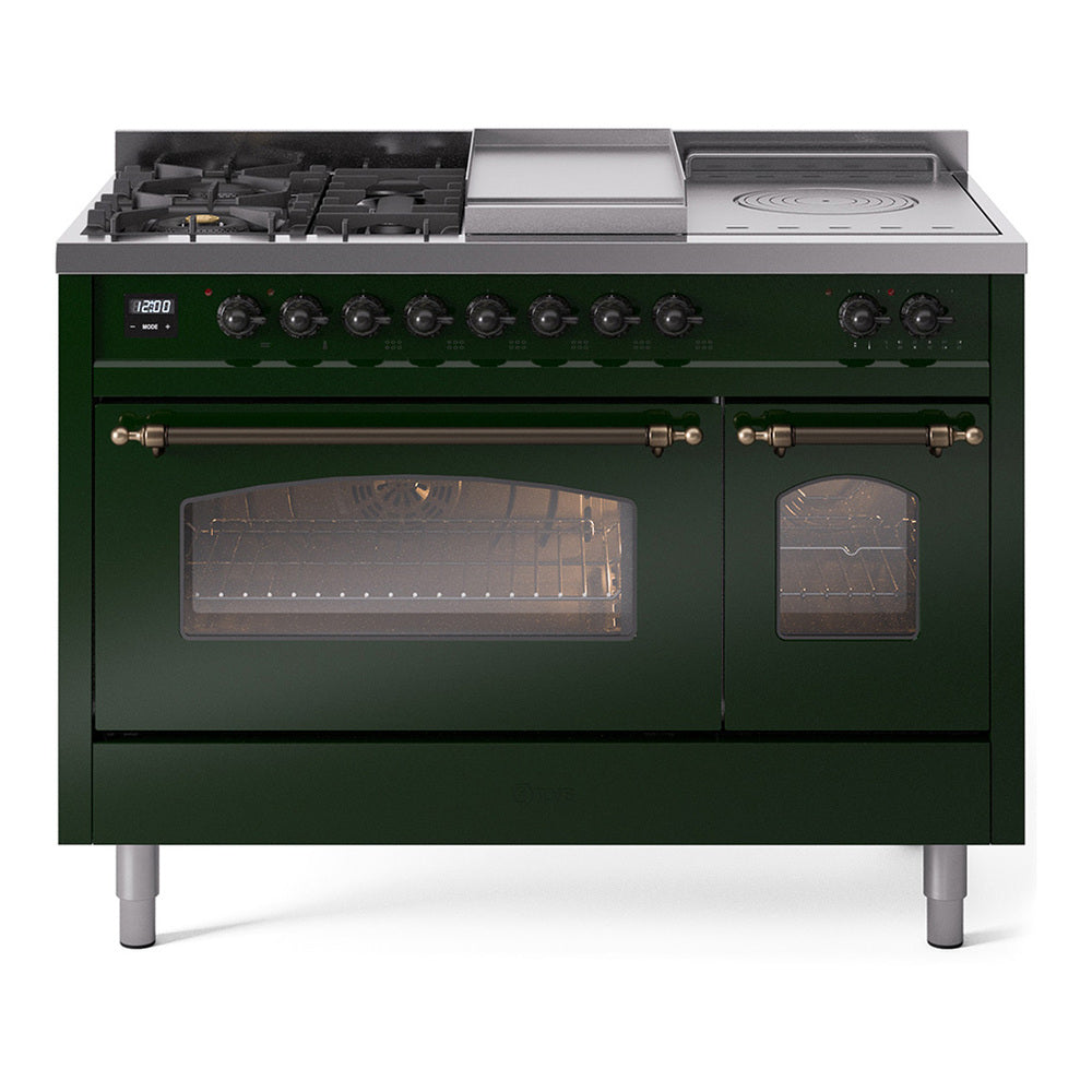 ILVE Nostalgie II 48-Inch Natural Gas Dual Fuel Range, 5 Burners, French Top, Griddle, Glass Door, Emerald Green with Bronze Trim (UP48FSNMPEGB)