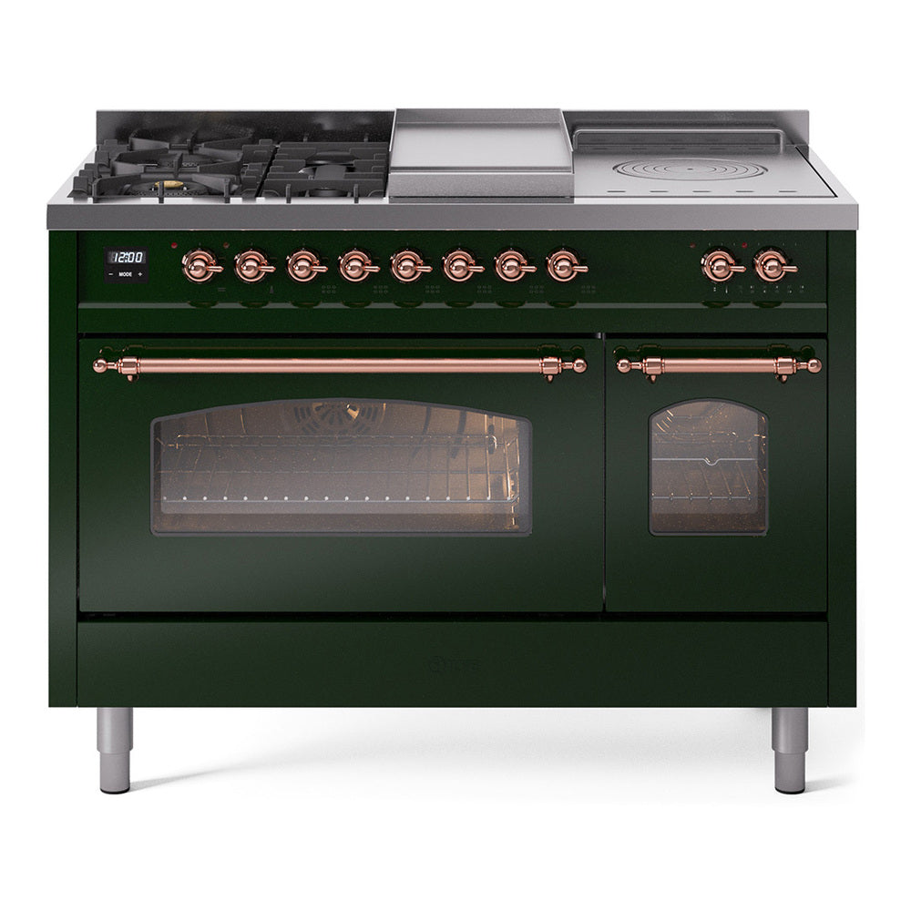 ILVE Nostalgie II 48-Inch Propane Dual Fuel Range, 5 Burners, French Top, Griddle, Triple Glass Door, Emerald Green with Copper Trim (UP48FSNMPEGPLP)
