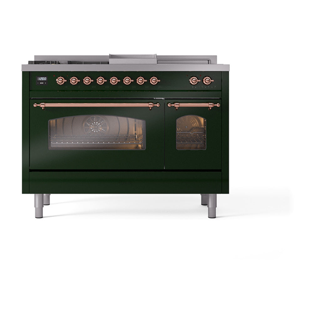 ILVE Nostalgie II 48-Inch Natural Gas Dual Fuel Range, 5 Burners, French Top, Griddle, Glass Door, Emerald Green with Copper Trim (UP48FSNMPEGP)