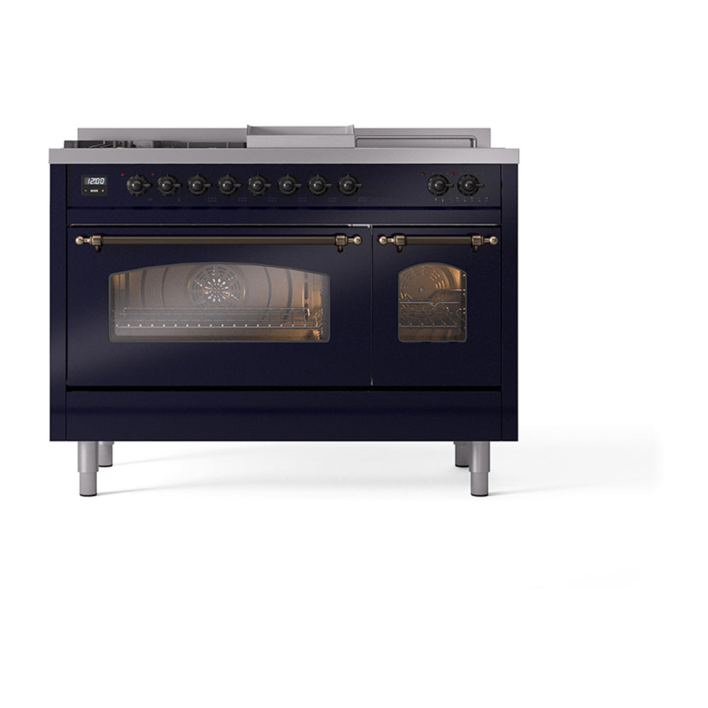 ILVE Nostalgie II 48-Inch Propane Dual Fuel Range, 5 Burners, French Top, Griddle, Glass Door, Midnight Blue with Bronze Trim (UP48FSNMPMBBLP)