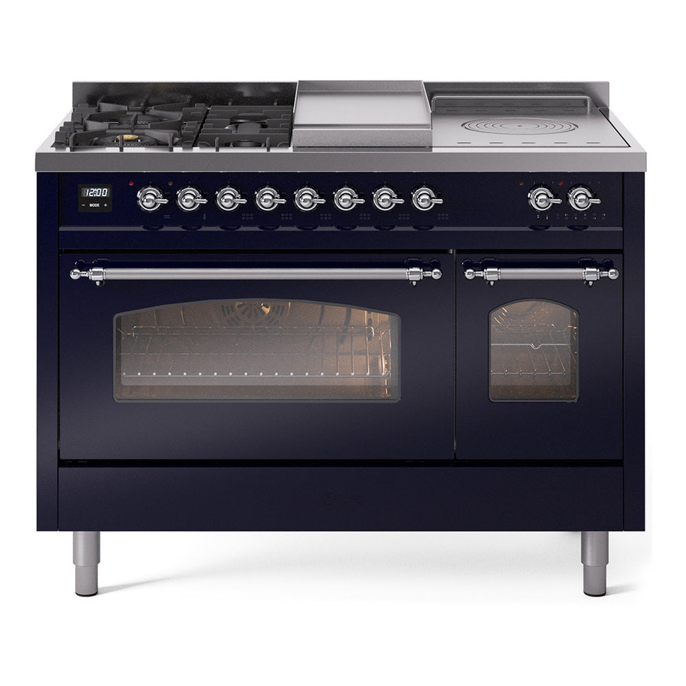 ILVE Nostalgie II 48-Inch Natural Gas Dual Fuel Range with 5 Burners, Griddle, & French Top with Triple Glass Door Oven in Midnight Blue with Chrome Trim (UP48FSNMPMBC)