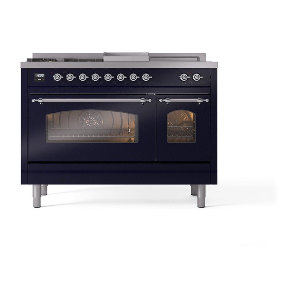 ILVE Nostalgie II 48-Inch Propane Dual Fuel Range, 5 Burners, French Top, Griddle, Triple Glass Door, Midnight Blue with Chrome Trim (UP48FSNMPMBCLP)