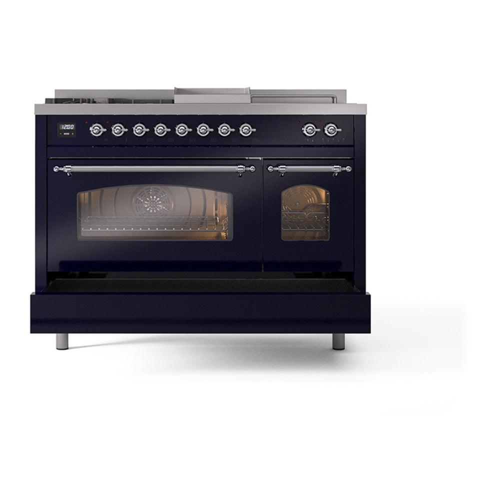 ILVE Nostalgie II 48-Inch Natural Gas Dual Fuel Range with 5 Burners, Griddle, & French Top with Triple Glass Door Oven in Midnight Blue with Chrome Trim (UP48FSNMPMBC)