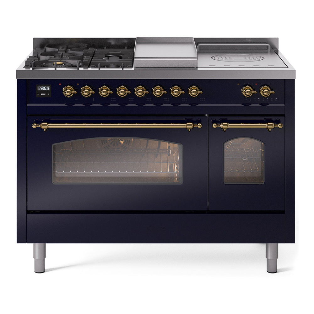 ILVE Nostalgie II 48-Inch Propane Dual Fuel Range, 5 Burners, French Top, Griddle, Triple Glass Door, Midnight Blue with Brass Trim (UP48FSNMPMBGLP)