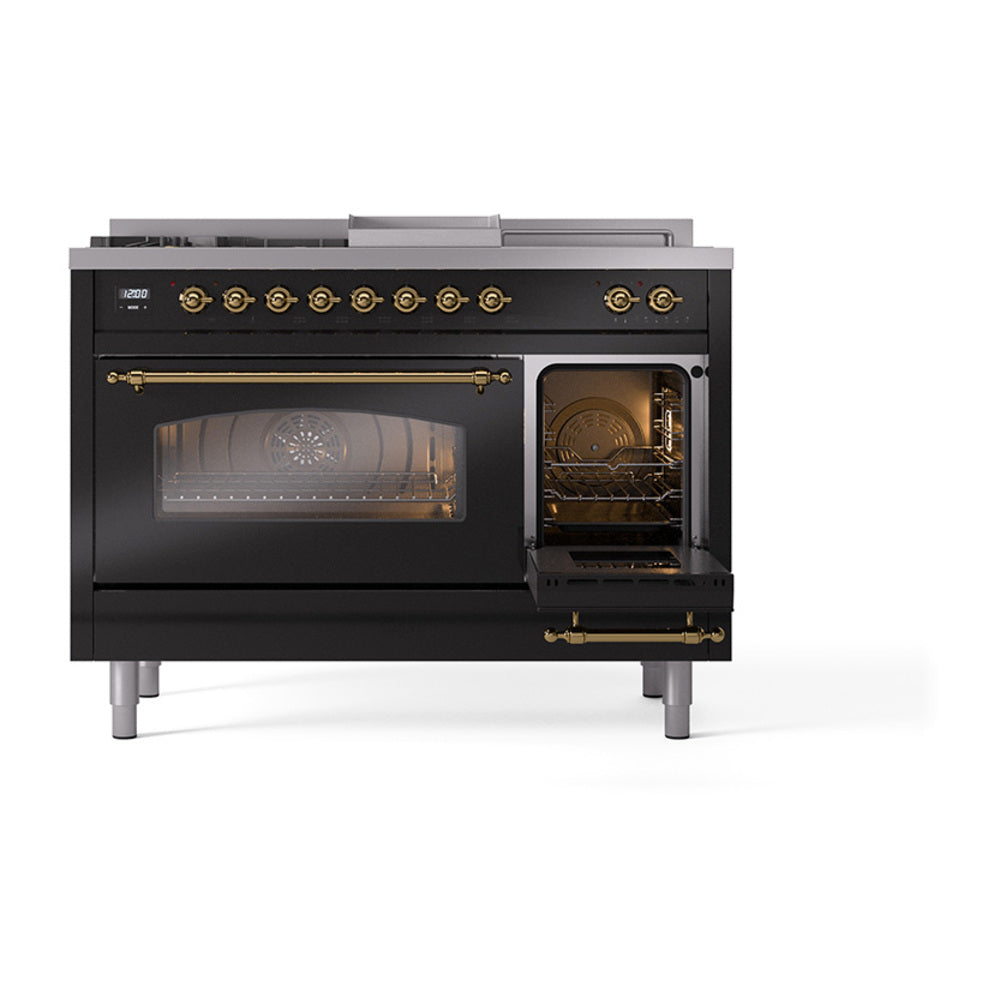ILVE Nostalgie II 48-Inch Natural Gas Dual Fuel Range with 5 Burners, Griddle, & French Top with Triple Glass Door Oven in Midnight Blue with Brass Trim (UP48FSNMPMBG)