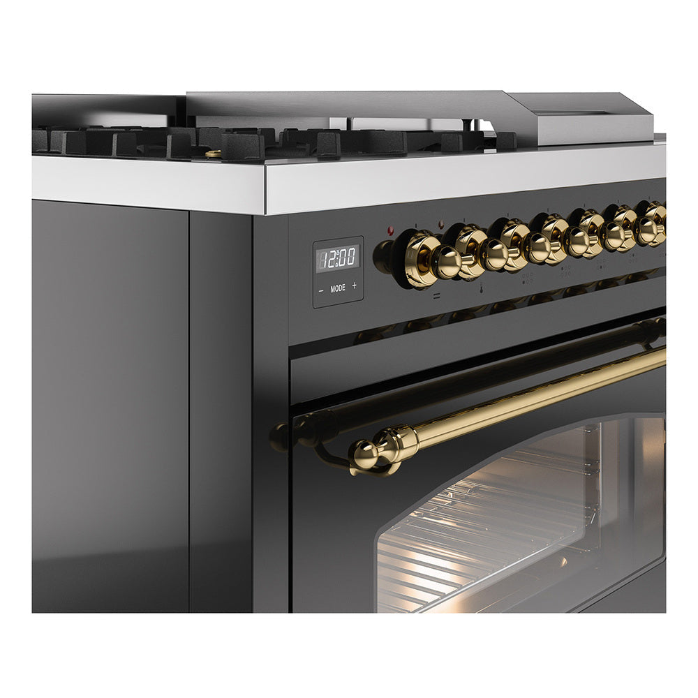 ILVE Nostalgie II 48-Inch Natural Gas Dual Fuel Range with 5 Burners, Griddle, & French Top with Triple Glass Door Oven in Midnight Blue with Brass Trim (UP48FSNMPMBG)