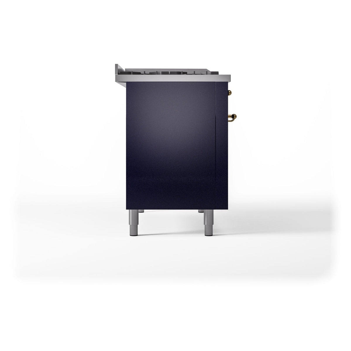 ILVE Nostalgie II 48-Inch Natural Gas Dual Fuel Range with 5 Burners, Griddle, & French Top with Triple Glass Door Oven in Midnight Blue with Brass Trim (UP48FSNMPMBG)