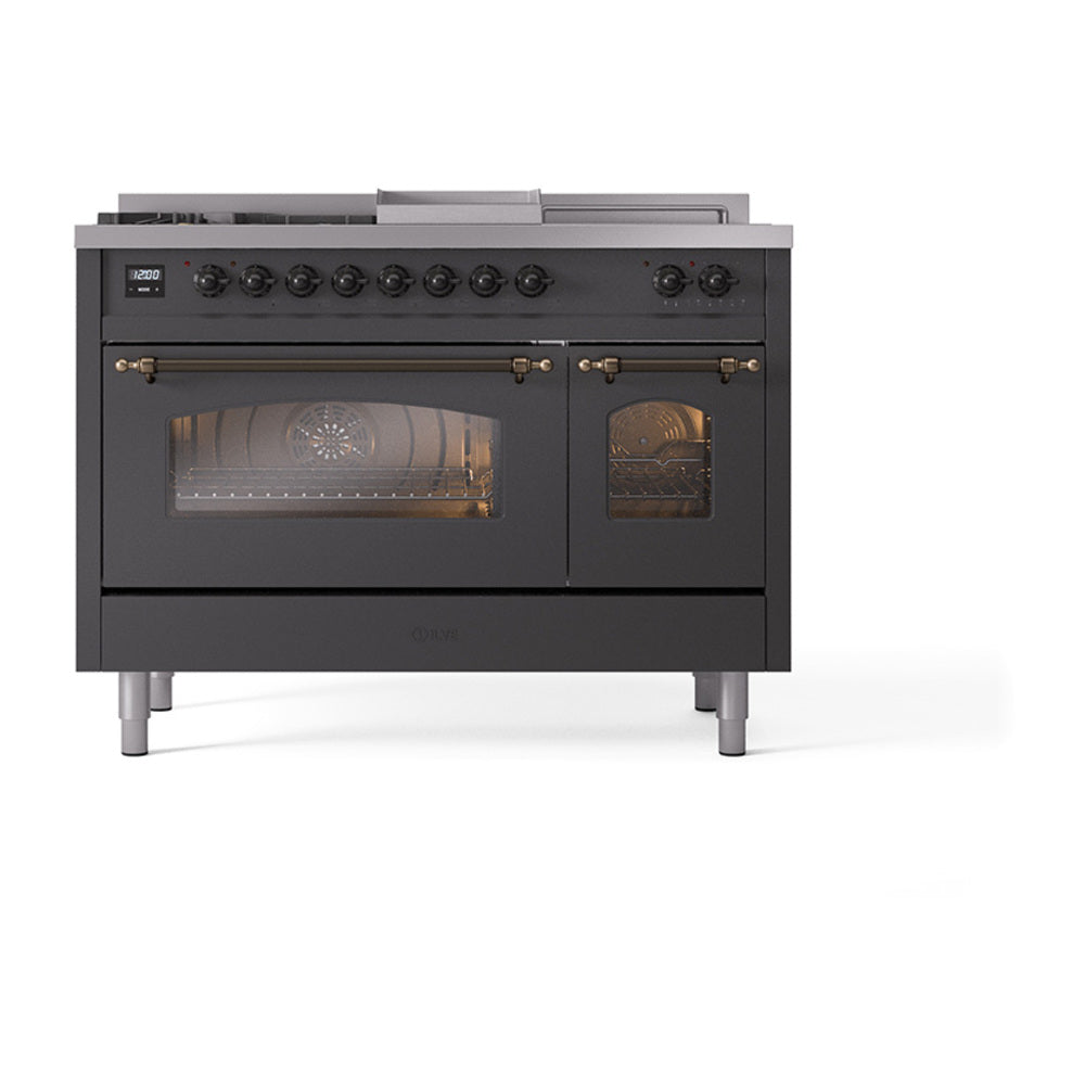 ILVE Nostalgie II 48-Inch Propane Dual Fuel Range, 5 Burners, French Top, Griddle, Glass Door, Matte Graphite with Bronze Trim (UP48FSNMPMGBLP)