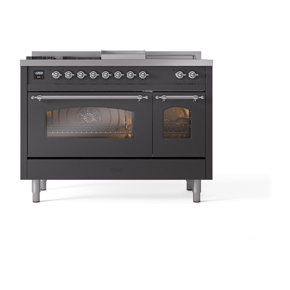 ILVE Nostalgie II 48-Inch Natural Gas Dual Fuel Range, 5 Burners, French Top, Griddle, Glass Door, Matte Graphite with Chrome Trim (UP48FSNMPMGC)