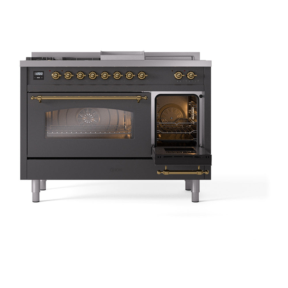 ILVE Nostalgie II 48-Inch Natural Gas Dual Fuel Range with 5 Burners, Griddle, & French Top with Triple Glass Door Oven in Matte Graphite with Brass Trim (UP48FSNMPMGG)