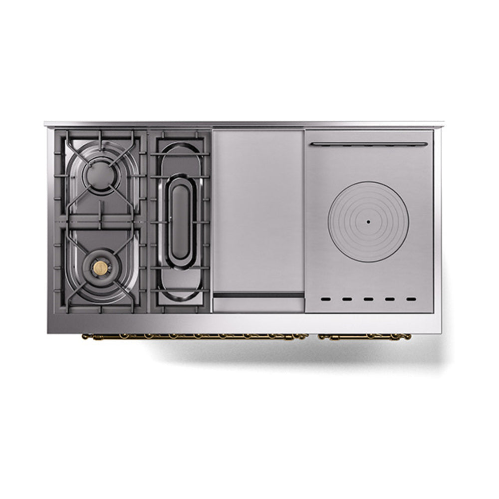 ILVE Nostalgie II 48-Inch Natural Gas Dual Fuel Range with 5 Burners, Griddle, & French Top with Triple Glass Door Oven in Matte Graphite with Brass Trim (UP48FSNMPMGG)